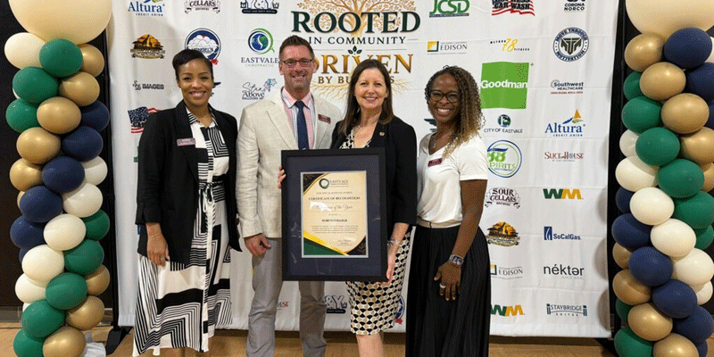 [L-R] Norco College VP of Planning & Development,Tenisha James, VP of Academic Affairs, Jason Parks, President Monica Green, and VP of Student  Services, Kaneesha Tarrant at the Eastvale Chamber of Commerce's Champion of the Year award ceremony.