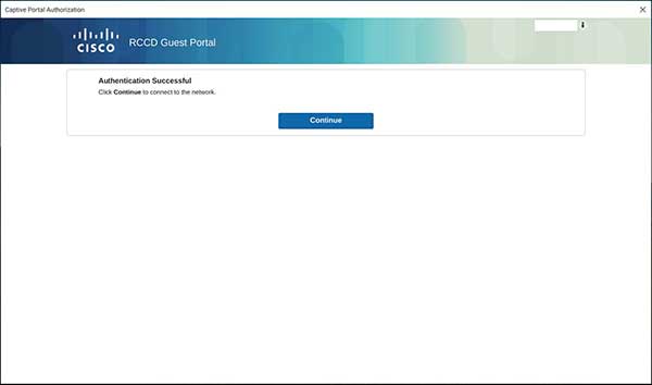 Cisco Riverside Community College District Guest Portal Authentication Successful