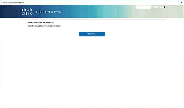 Cisco Riverside Community College District Bring Your Own Device Portal Authentication Successful